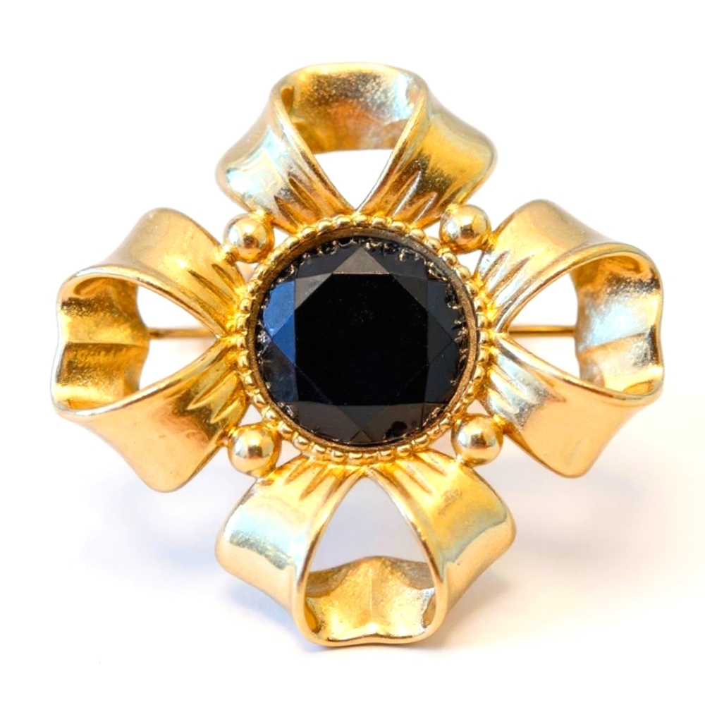 Vintage Givenchy Black Stone Gold Tone Bow Brooch – Statement Designer Pin